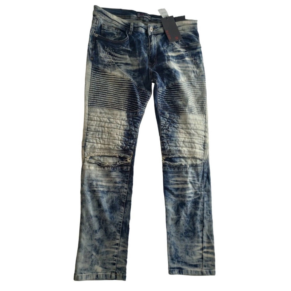 BM‎ Bleecker Mercer Jean Men 34x32 Acid Wash Slim Straight Leg Moto Denim